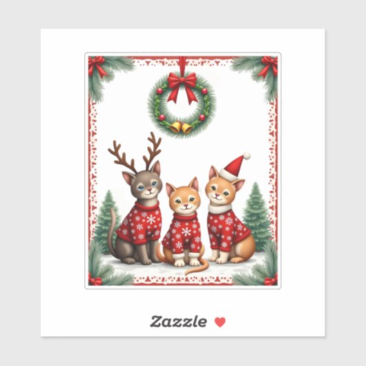 Three Cat Funny Christmas Cat Ugly Xmas Sweater Me Sticker (Vel)