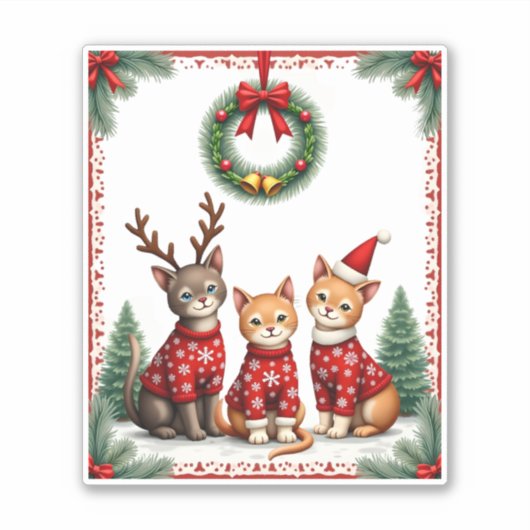 Three Cat Funny Christmas Cat Ugly Xmas Sweater Me Sticker (Voorkant)