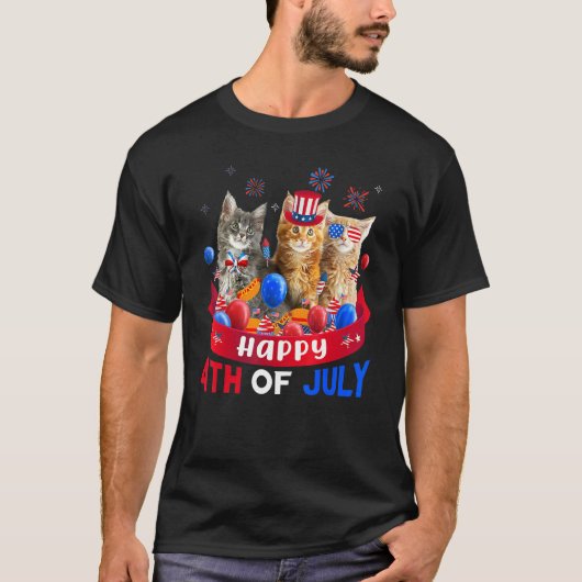Three Cat Happy 4th Of July Balloon  Independence  T-shirt (Voorkant)