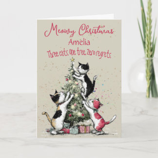 Three Cats Decorating A Tree Christmas Card Kaart