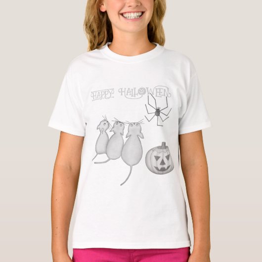 Three Cats, Pumpkin, and Spider Halloween T-shirt (Voorkant)