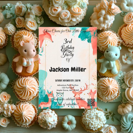 Three Cheers 3rd Birthday Fox, Uil en Herten Kaart