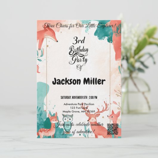 Three Cheers 3rd Birthday Fox, Uil en Herten Kaart (Staand voorkant)