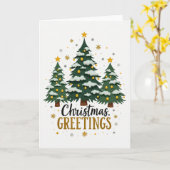Three Christmas Trees Snow Gold Star Greetings Car Kaart (Gele Bloem)