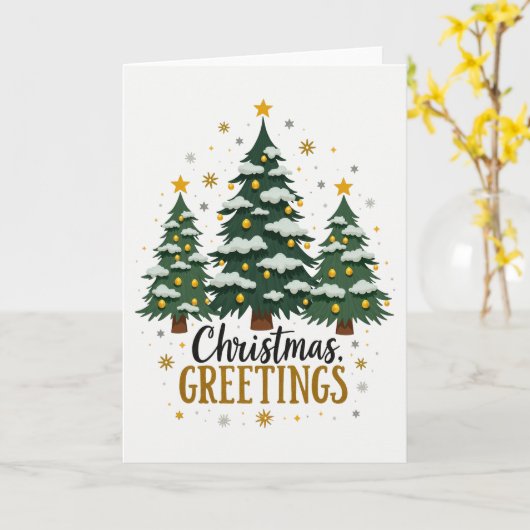 Three Christmas Trees Snow Gold Star Greetings Car Kaart (Gele Bloem)