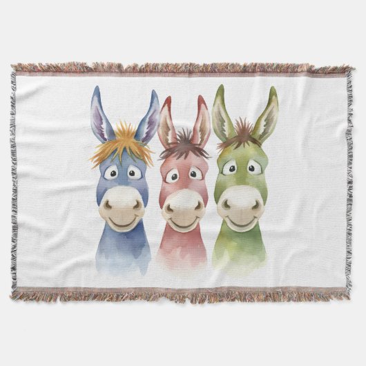 Three Colorful Cartoon Donkeys in Watercolor Style Deken (Voorkant)