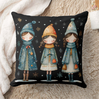 Three Cozy Girls in Snow Throw Pillow Kussen