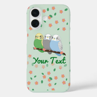 Three Cute Budgies Floral Cherry Blossom iPhone 16 Hoesje