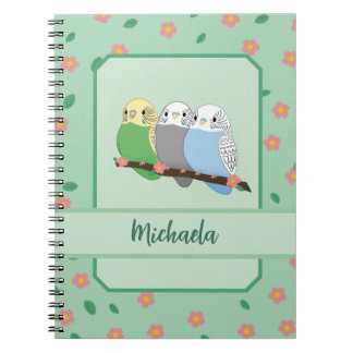 Three Cute Budgies Floral Cherry Spiral Notebook Notitieboek