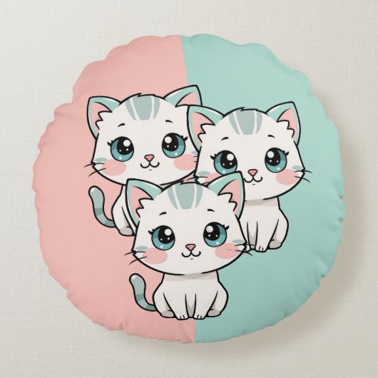 Three Cute Kawai Cats Rond Kussen (Voorkant)