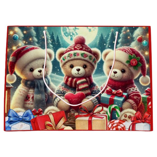 Three Cute Teddy Bears Merry Christmas Groot Cadeauzakje (Voorkant)