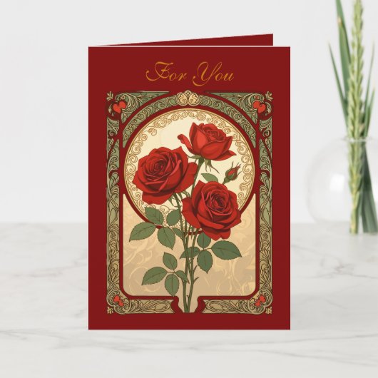 Three Deep Red Roses Art Nouveau Style Kaart (Voorkant)