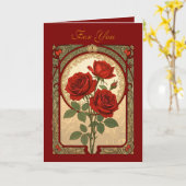 Three Deep Red Roses Art Nouveau Style Kaart (Gele Bloem)