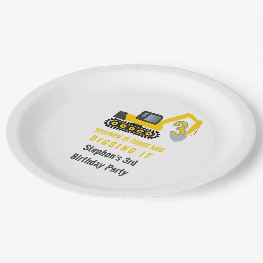 Three & Digging it Bouw 3e Verjaardagsfeest Papieren Bordje (Gekanteld)