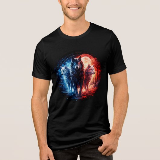 Three Elemental Wolves Under Full Moon Tri-Blend Shirt (Voorkant)