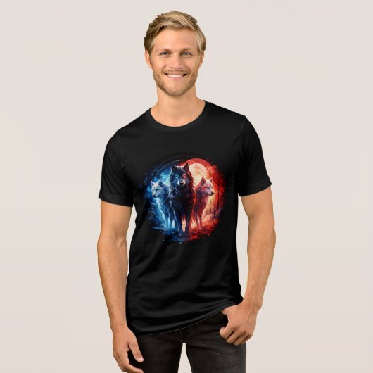 Three Elemental Wolves Under Full Moon Tri-Blend Shirt (Voorkant volledig)