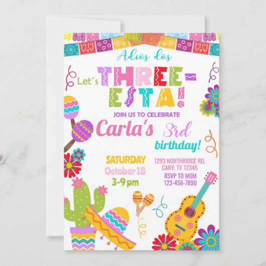 Three-esta Fiesta girl 3rd birthday invitation. Kaart (Voorkant)