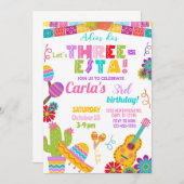 Three-esta Fiesta girl 3rd birthday invitation. Kaart (Voorkant / Achterkant)