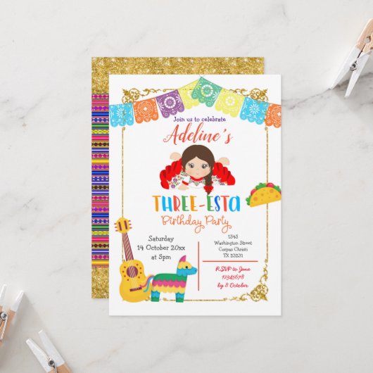 Three-esta Mexican Girl Verjaardag Uitnodiging (Voorkant / Achterkant in situ)
