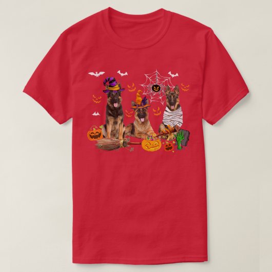 Three German Shepherd Dogs Mummy Witch Scary Pumpk T-shirt (Design voorkant)