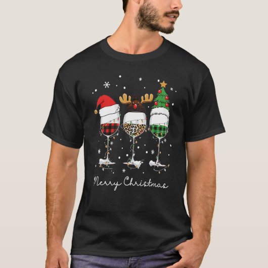 Three Glass Wine Santa Hat Merry Christmas Drinkin T-shirt (Voorkant)