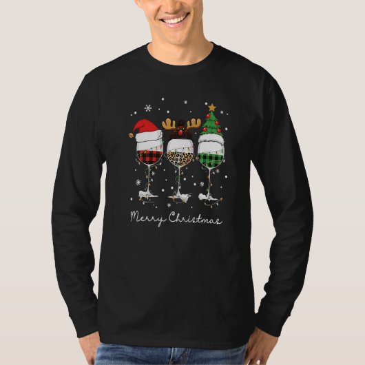 Three Glass Wine Santa Hat Merry Christmas Drinkin T-shirt (Voorkant)