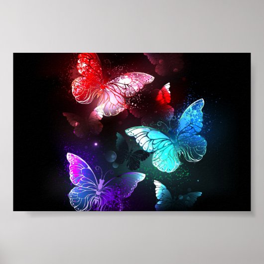 Three Glowing Butterflies on night background Poster (Voorkant)