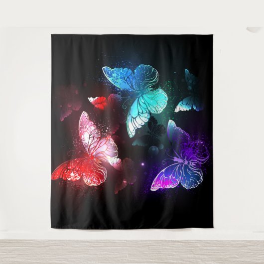 Three Glowing Butterflies on night background Wandkleed (Voorkant)