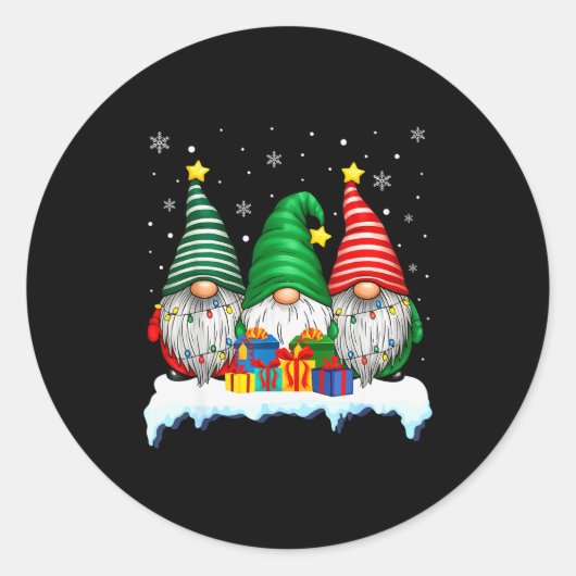 Three Gnomes Tree Lights Men Women Matching Xmas H Ronde Sticker (Voorkant)