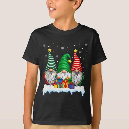 Three Gnomes Tree Lights Men Women Matching Xmas H T-shirt (Voorkant)