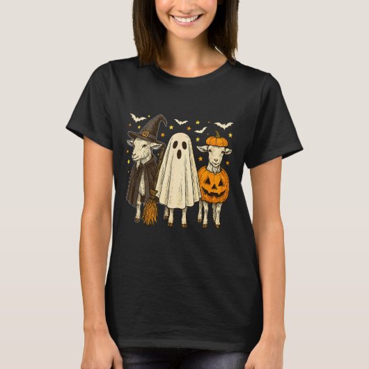 Three Halloween Goats Cosplay Witch Boo Carved Pum T-shirt (Voorkant)
