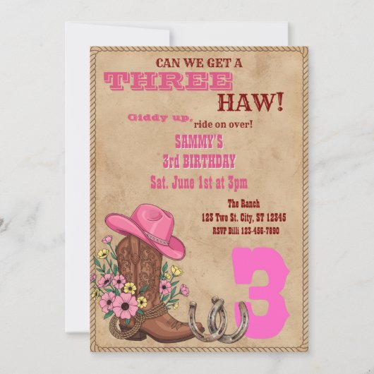 Three Haw Pink, Western 3rd Birthday Kaart (Voorkant)