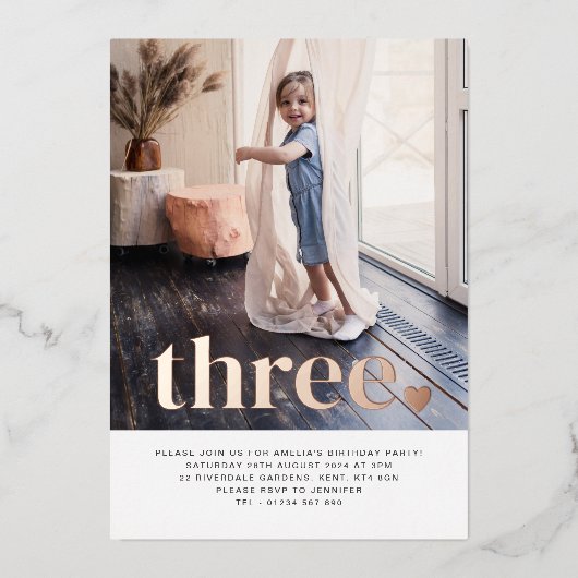 Three Heart Photo First Birthday Roos Gold Folie Uitnodiging (Voorkant)