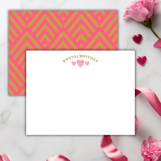 Three Hearts Gold Watermelon Pink Fans Note Card Notitiekaartje