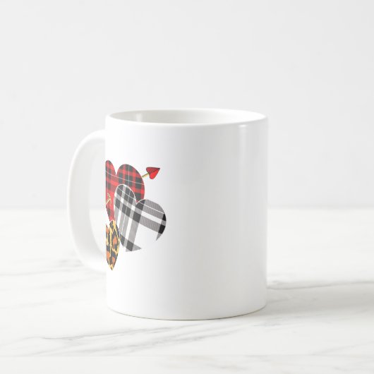 Three Hearts Leopard Buffalo Plaid Valentines Day  Koffiemok (Voorkant links)