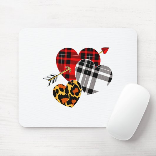 Three Hearts Leopard Buffalo Plaid Valentines Day  Muismat (Met muis)