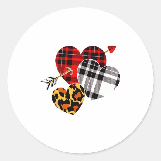 Three Hearts Leopard Buffalo Plaid Valentines Day  Ronde Sticker (Voorkant)
