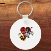 Three Hearts Leopard Buffalo Plaid Valentines Day  Sleutelhanger (Voorkant)