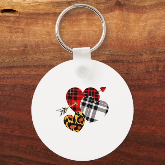 Three Hearts Leopard Buffalo Plaid Valentines Day  Sleutelhanger (Voorkant)