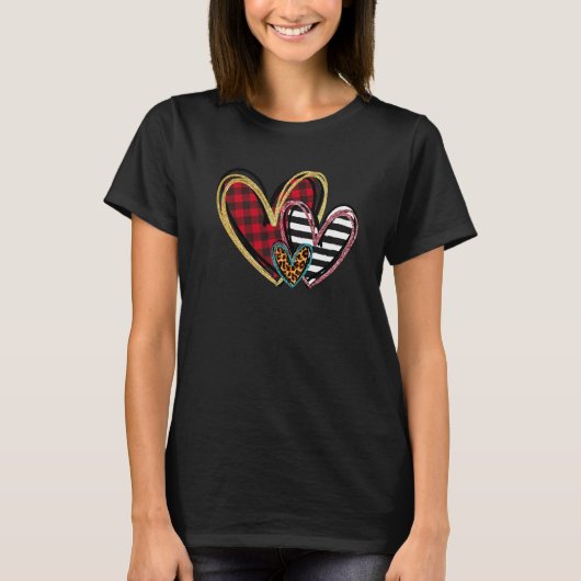 Three Hearts Leopard Buffalo Plaid Valentine's day T-shirt (Voorkant)