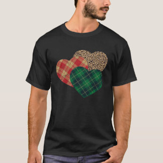 Three Hearts Leopard Green Buffalo Plaid Valentine T-shirt