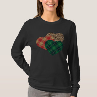 Three Hearts Leopard Green Buffalo Plaid Valentine T-shirt