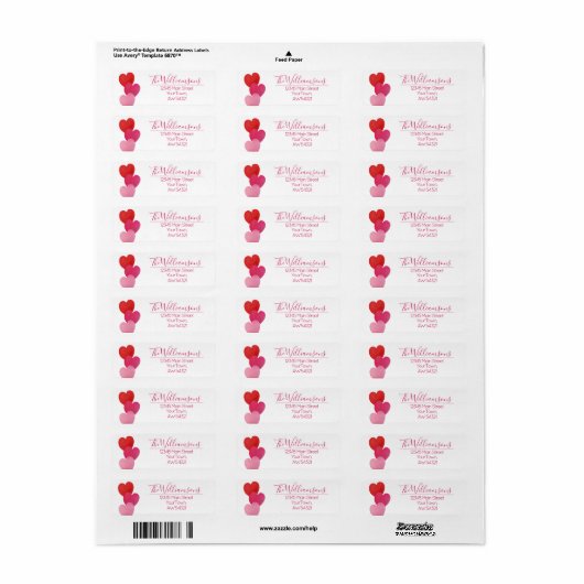 Three Hearts on White with Red Pink Text Etiket (Full Sheet)