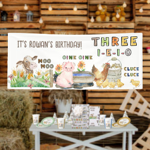 Three-i-e-i-o 3de verjaardag boerderij themafeest spandoek