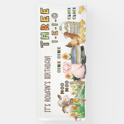 Three-i-e-i-o 3e Verjaardag Boerderij Themafeest Spandoek (Verticaal)