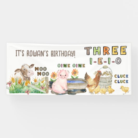 Three-i-e-i-o 3e Verjaardag Boerderij Themafeest Spandoek (Horizontaal)