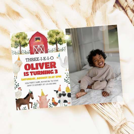Three-I-E-I-O Boerderij 3e verjaardag foto uitnodi Kaart