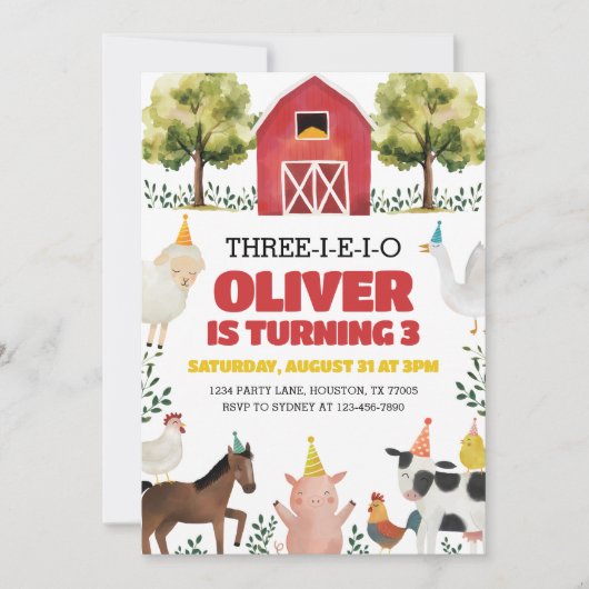 Three-I-E-I-O Boerderij Uitnodiging 3e Verjaardag (Voorkant)