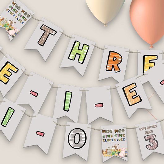 Three-i-e-i-o Boerderijdieren 3e verjaardag Vlaggetjes