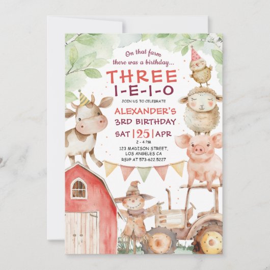 THREE-I-E-I-O Schattige Boy Boerderij 3e verjaarda Kaart (Voorkant)